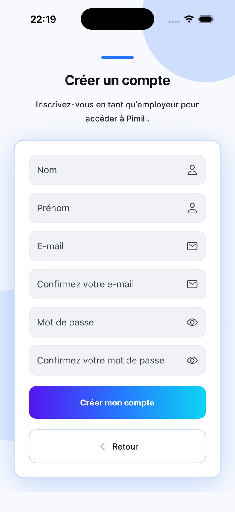 Formulaire d’inscription employeur (nom, prénom, e-mail, mot de passe)