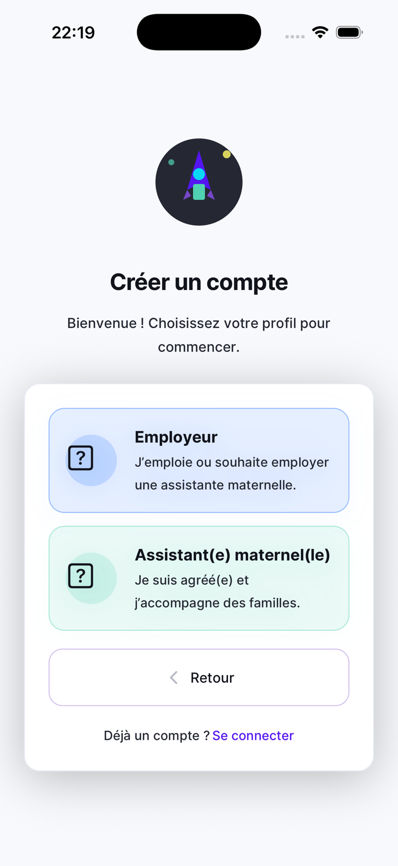Écran Créer un compte — choix du profil Employeur ou Assistant(e) maternel(le)