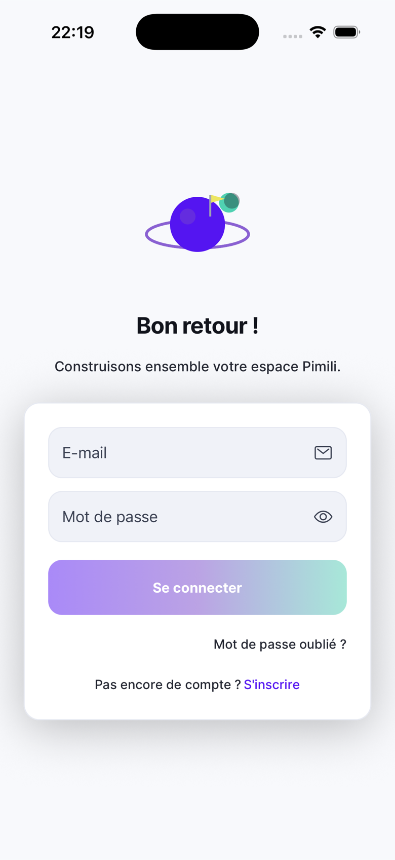 Écran de connexion mobile — Bon retour, e-mail et mot de passe