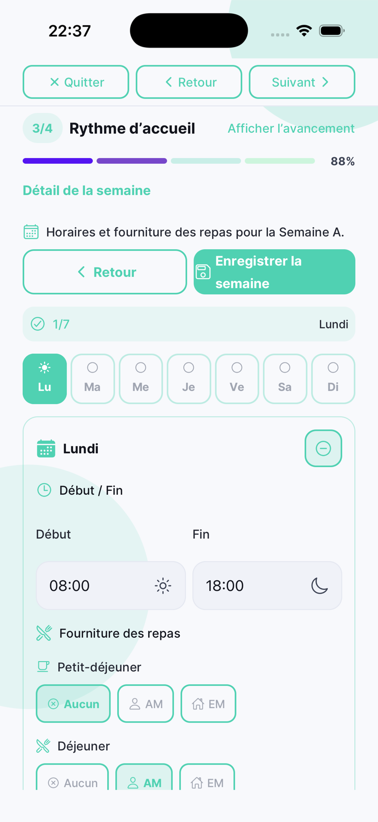 Wizard contrat — rythme d’accueil, détail de la semaine A (horaires et repas du lundi)