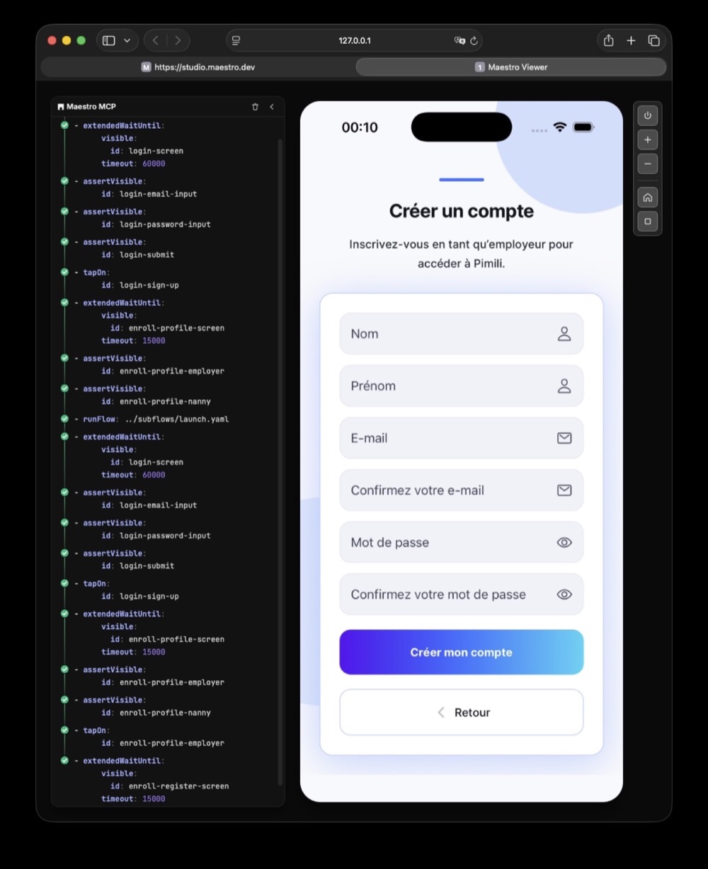 Maestro Studio — étapes du flux login-screen validées à côté du simulateur Pimili