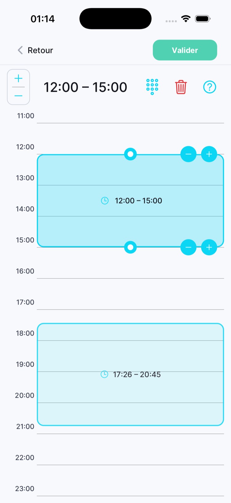 Timeline journée avec plages horaires, zoom et crans ±15 min