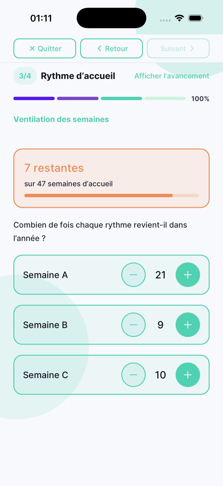Wizard rythme d’accueil — ventilation des semaines A, B et C sur 47 semaines