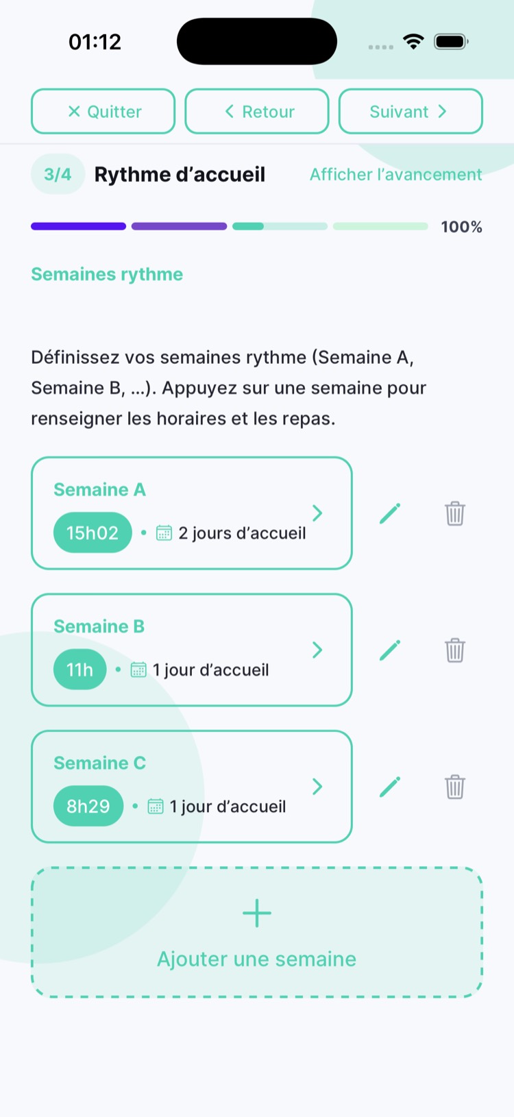 Liste des semaines rythme avec heures et jours d’accueil