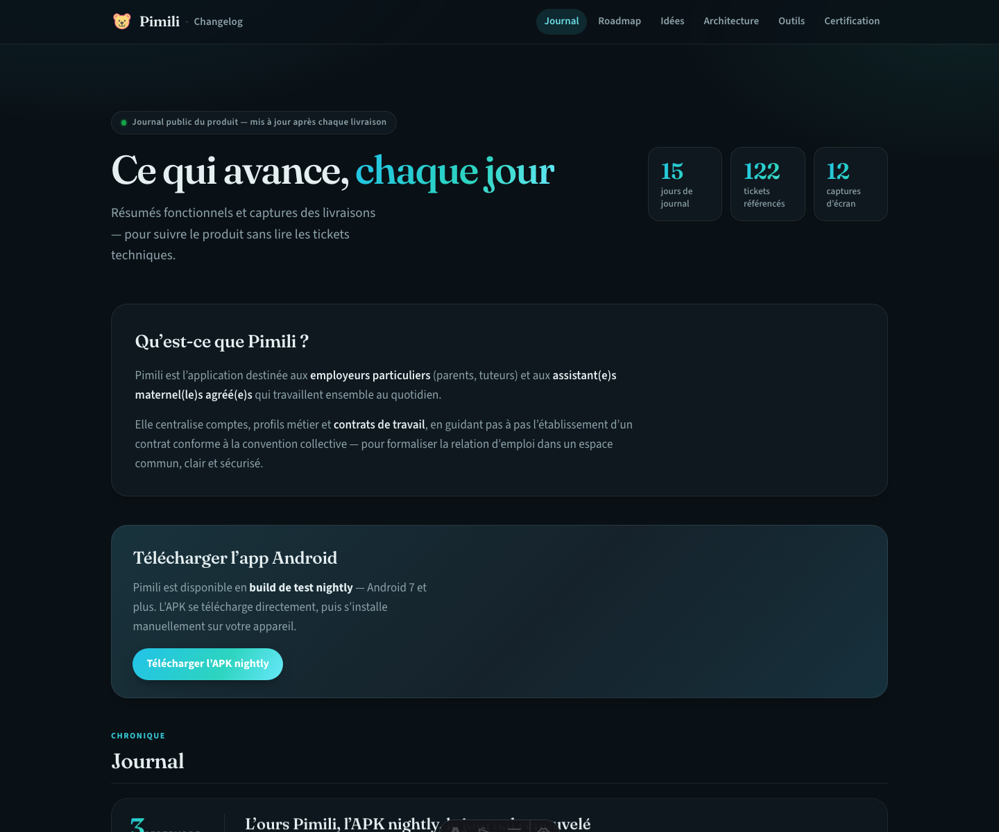Page d’accueil du journal — thème, présentation du produit et bouton APK nightly