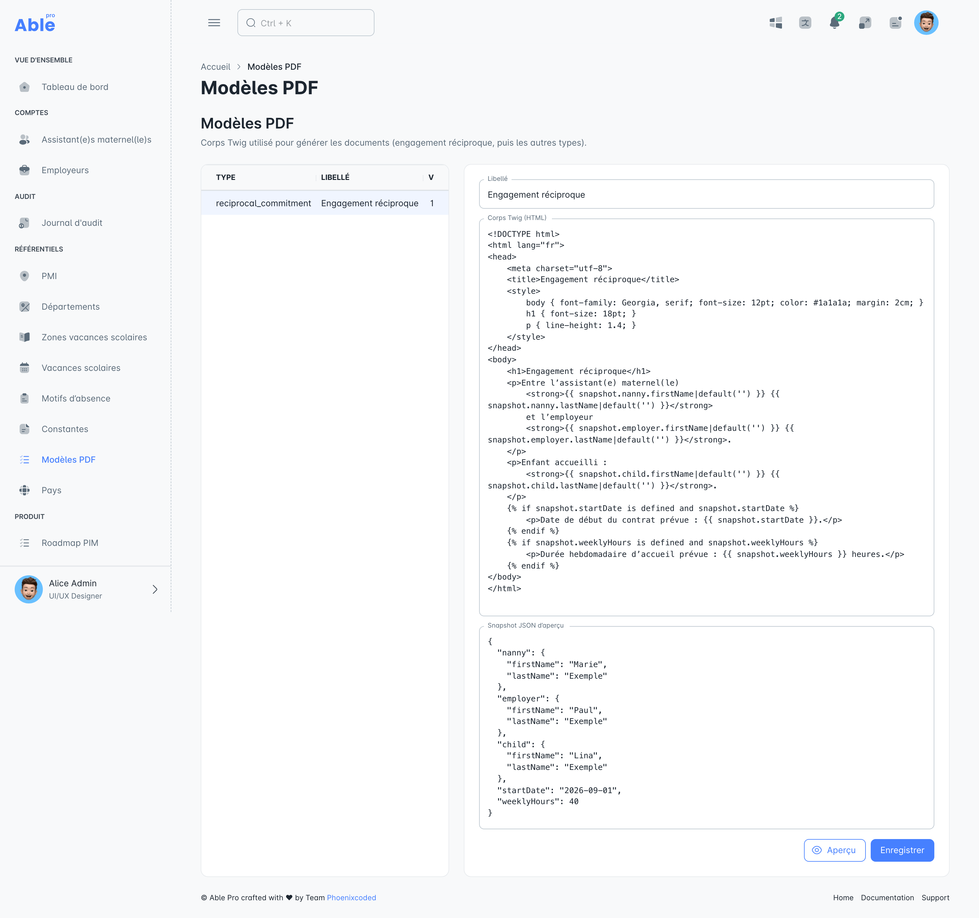 Backoffice Pimili, administration des modèles PDF avec le corps Twig et l’aperçu