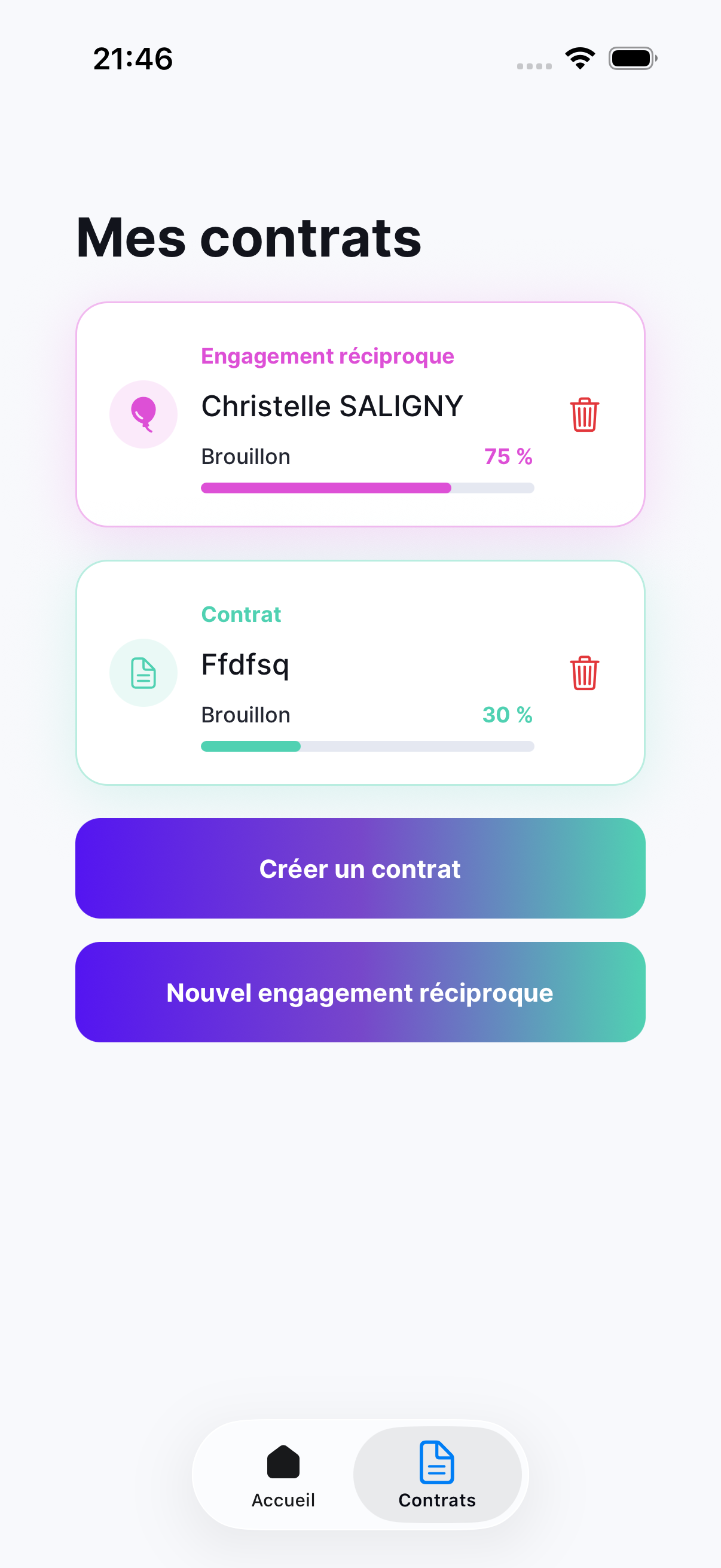 Onglet contrats, section des engagements réciproques et contrat lié