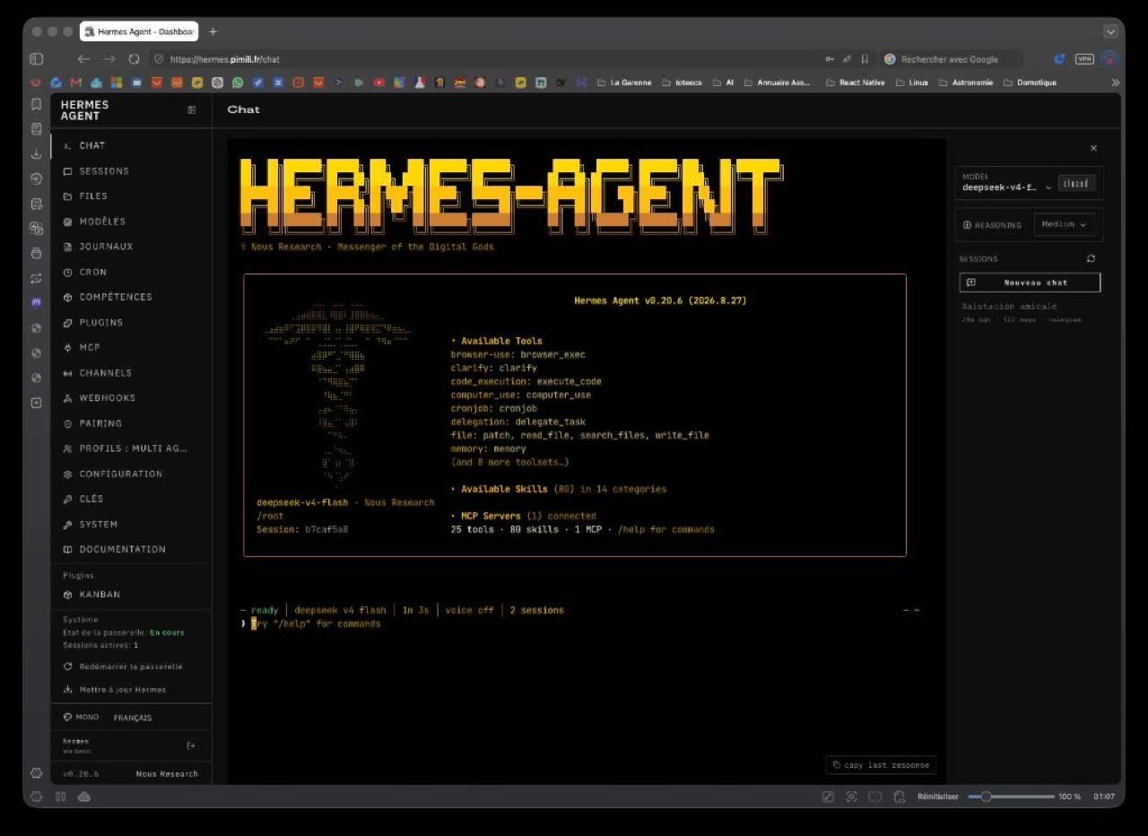 Hermes Agent : interface chat, outils, compétences et passerelle en cours