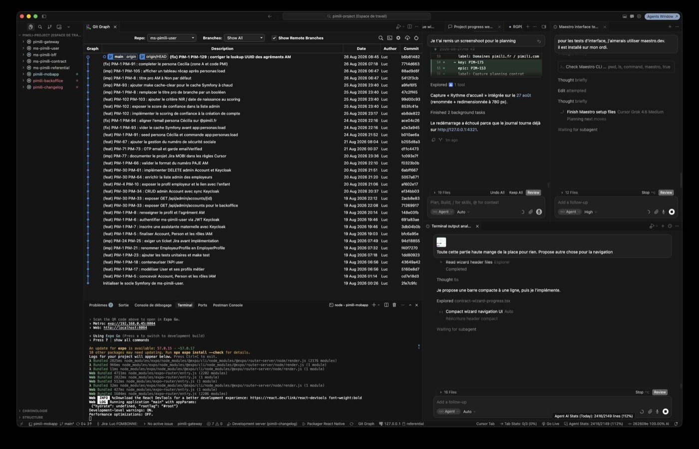 Cursor : workspace Pimili multi-dépôts, historique Git et agents IA