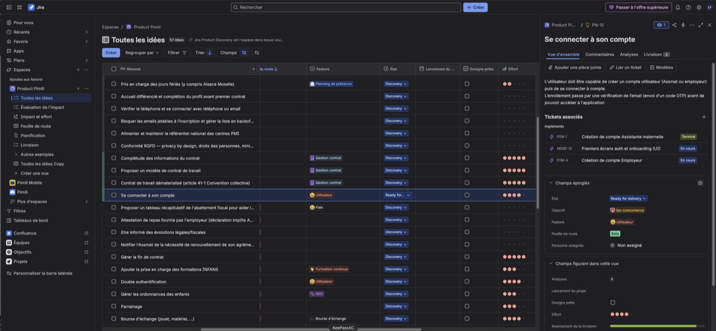 Jira Product Discovery : liste des idées Pimili et détail d’une idée