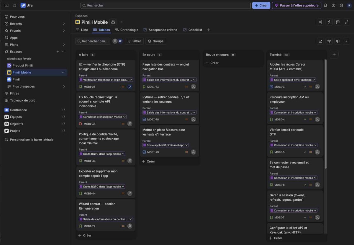 Tableau Jira Pimili Mobile : colonnes À faire, En cours, Terminé